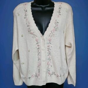 Lise J Ladies Medium Cream Cardigan Sweater Pastel Embroidered Floral Pearls EUC